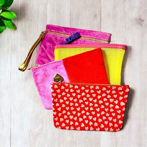 NEW Ipsy ~ 4 Glam Bags ~ Hearts Pink Yellow Neon Net Fuzzy Red ~ Makeup Pouch - Picture 1 of 11